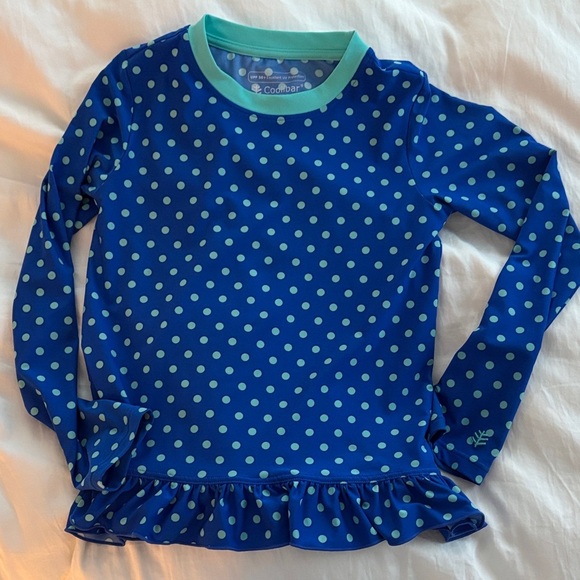 Coolibar Navy Polka Dot Ruffle Top - Picture 1 of 2